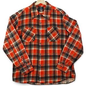 Andrew Lewis Mens Flannel Shirt L‎ Orange Plaid 70s Deadstock Workwear Cabincore